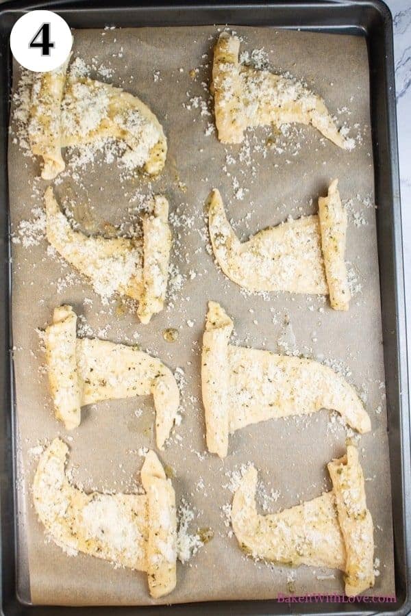 Halloween crescent roll witches hats process photo 4 showing the crescent roll witches hat have been sprinkled with cheese.