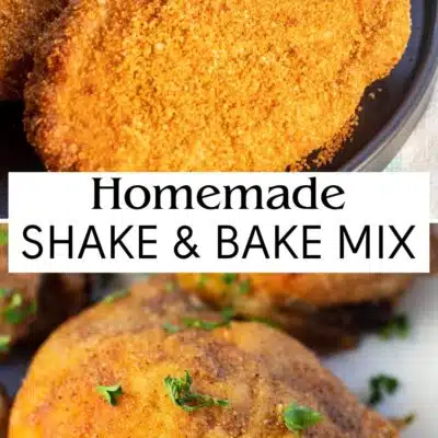Pin split image with text showing uses for homemade shake and bake mix.