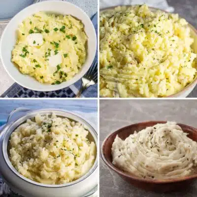 Square split image showing different mashed potato recipes.