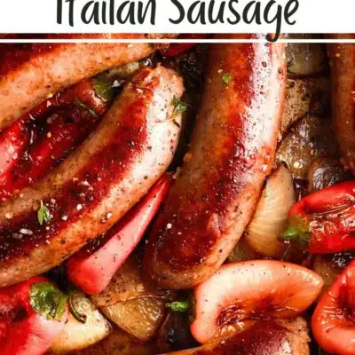 Pin image with text of Italian sausages in frying pan.
