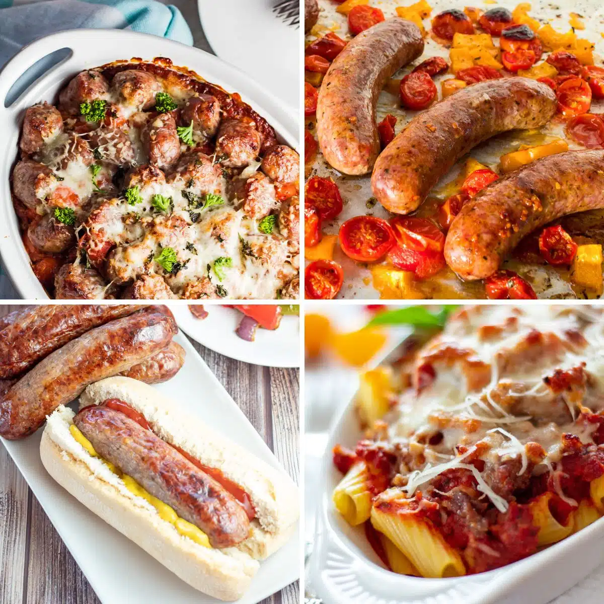 Immagine quadrata divisa che mostra diverse ricette di salsiccia italiana.