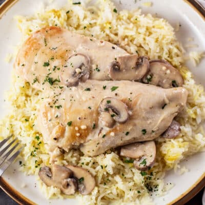 Square image of mushroom chicken over rice on a plate.