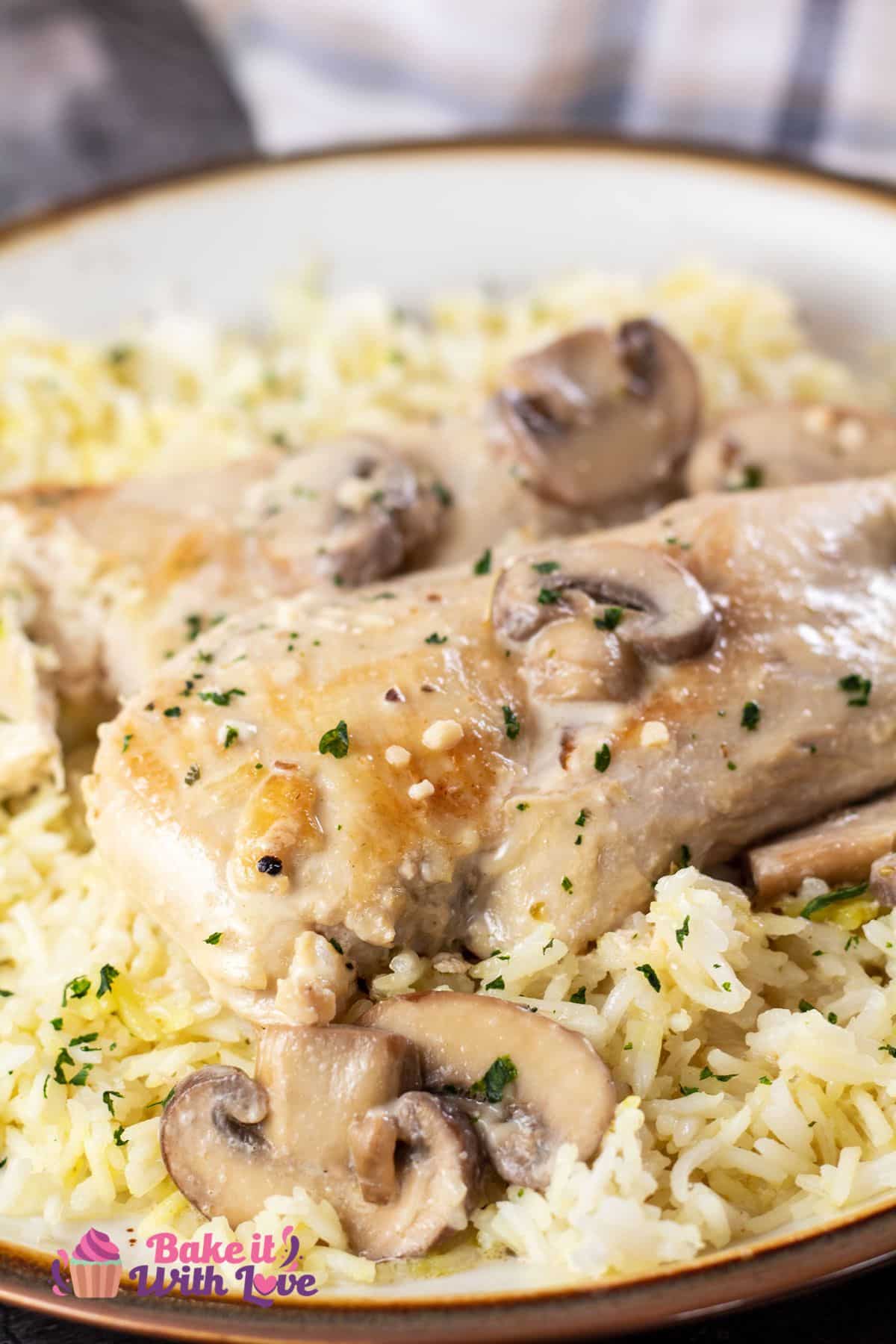 Tall image of mushroom chicken over rice on a plate.