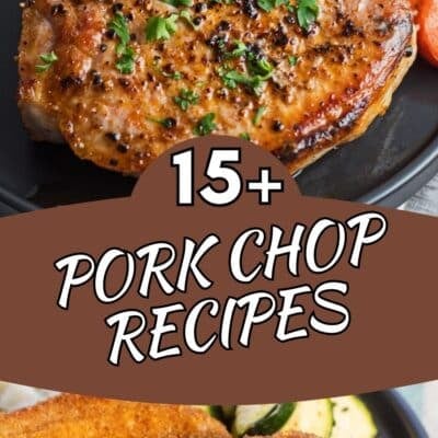 Pin split image with text showing different pork chop recipes.