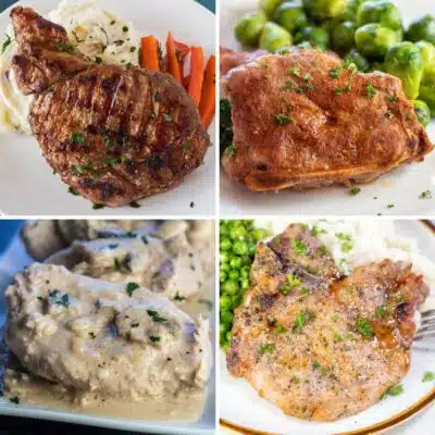 Square split image showing different pork chop recipes.