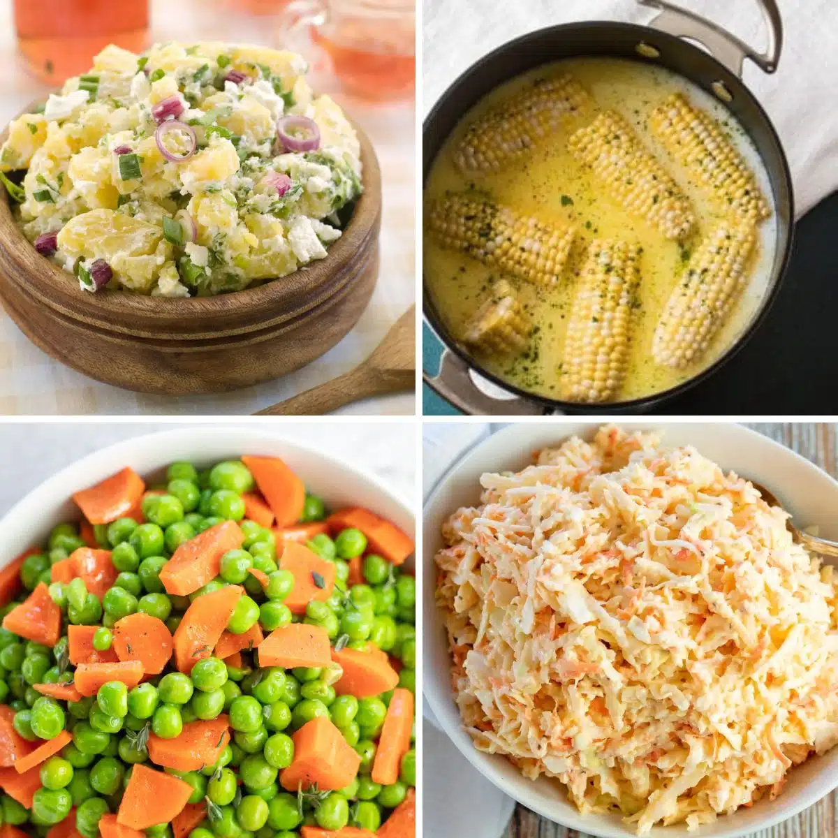 Imagem dividida em quadrados mostrando diferentes ideias de receitas para o que servir com peixe e batatas fritas.