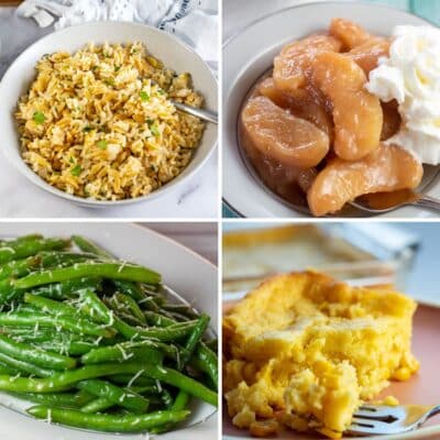 Square image showing different recipes ideas for what to eat with shake and bake pork chops.