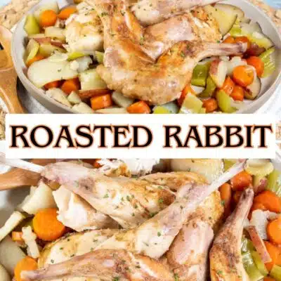 Pin image with text of a whole roasted rabbit with root vegetables.