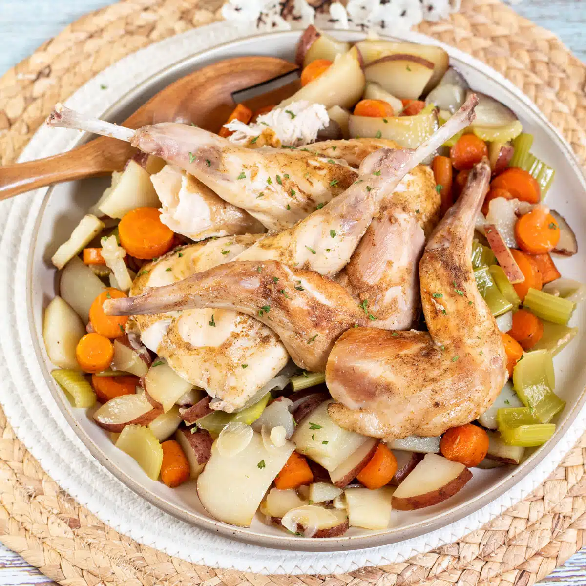 Square image of a whole roasted rabbit with root vegetables.