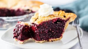 Wide image of blackberry pie slice.