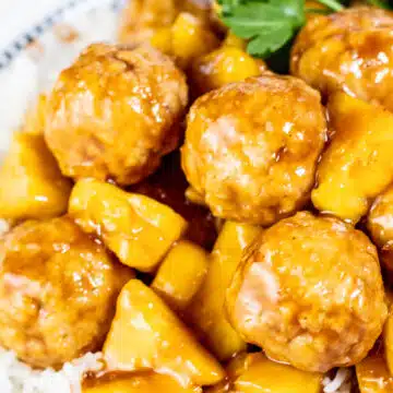 Wide image of chicken teriyaki meatballs.