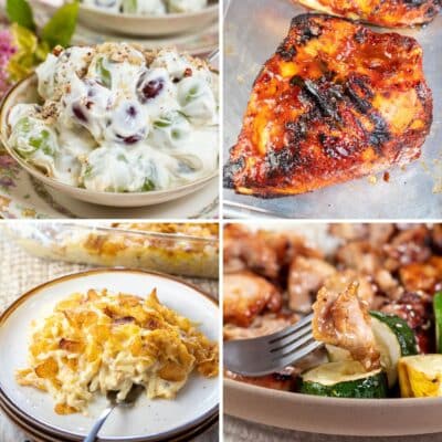Labor day foods and recipes to make for the long weekend before school starts at the end of summer featuring 4 great picnic foods in a square collage.