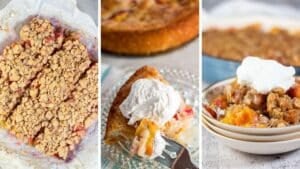 Trio collage of three nectarine recipes featuring a crisp, cobbler, and bars.