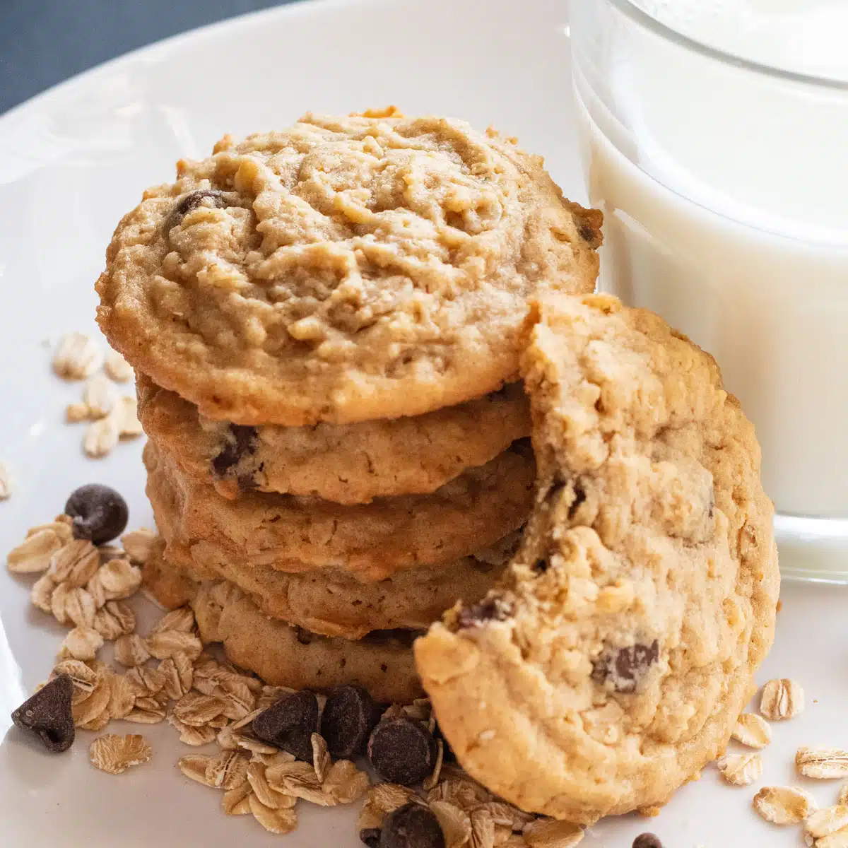 Square image of peanut butter chocolate chip oatmeal cookies.