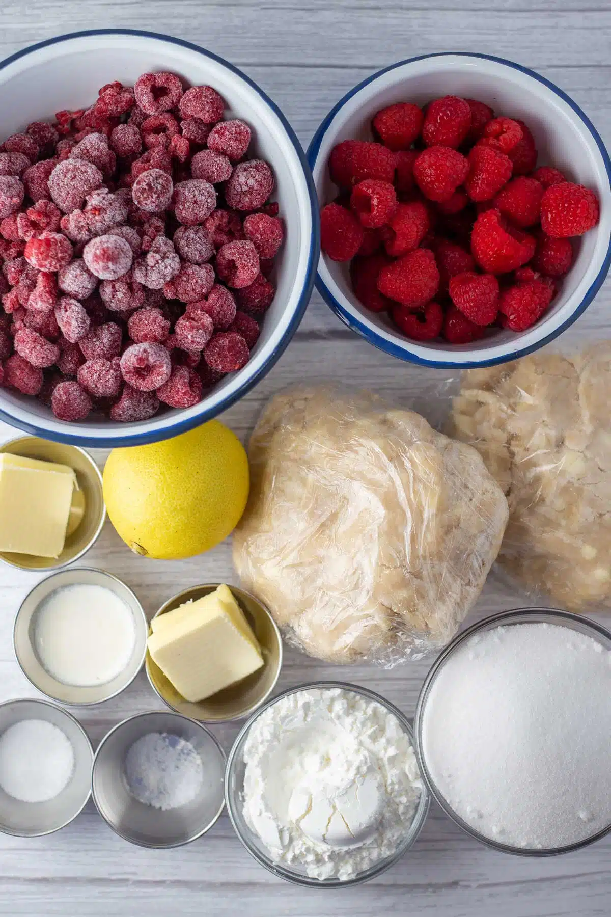 Tall image showing raspberry pie ingredients.