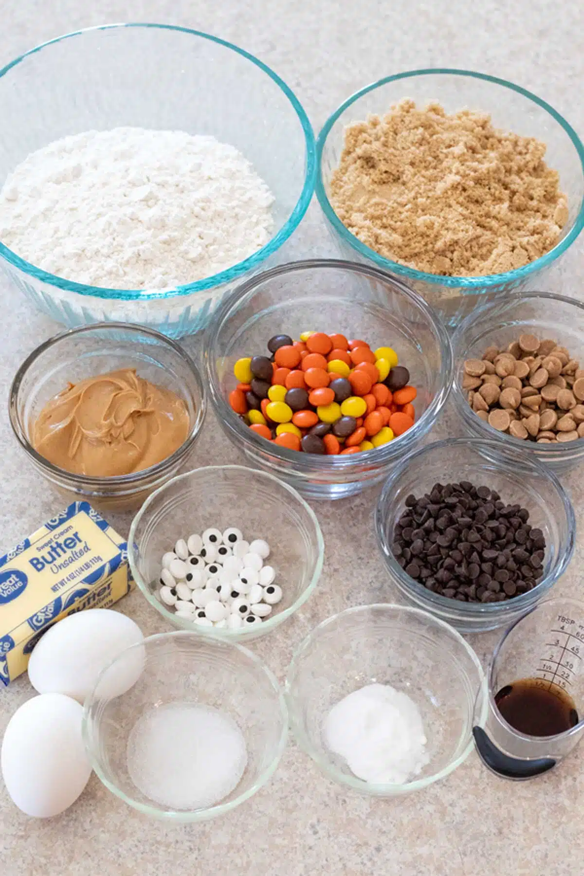 Tall image showing Reese's Pieces Halloween Bars Ingredients.