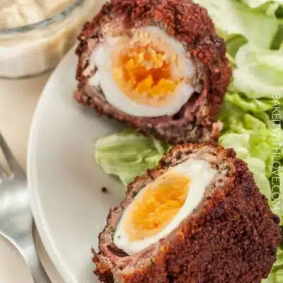 Pin image with text of baked scotch eggs.