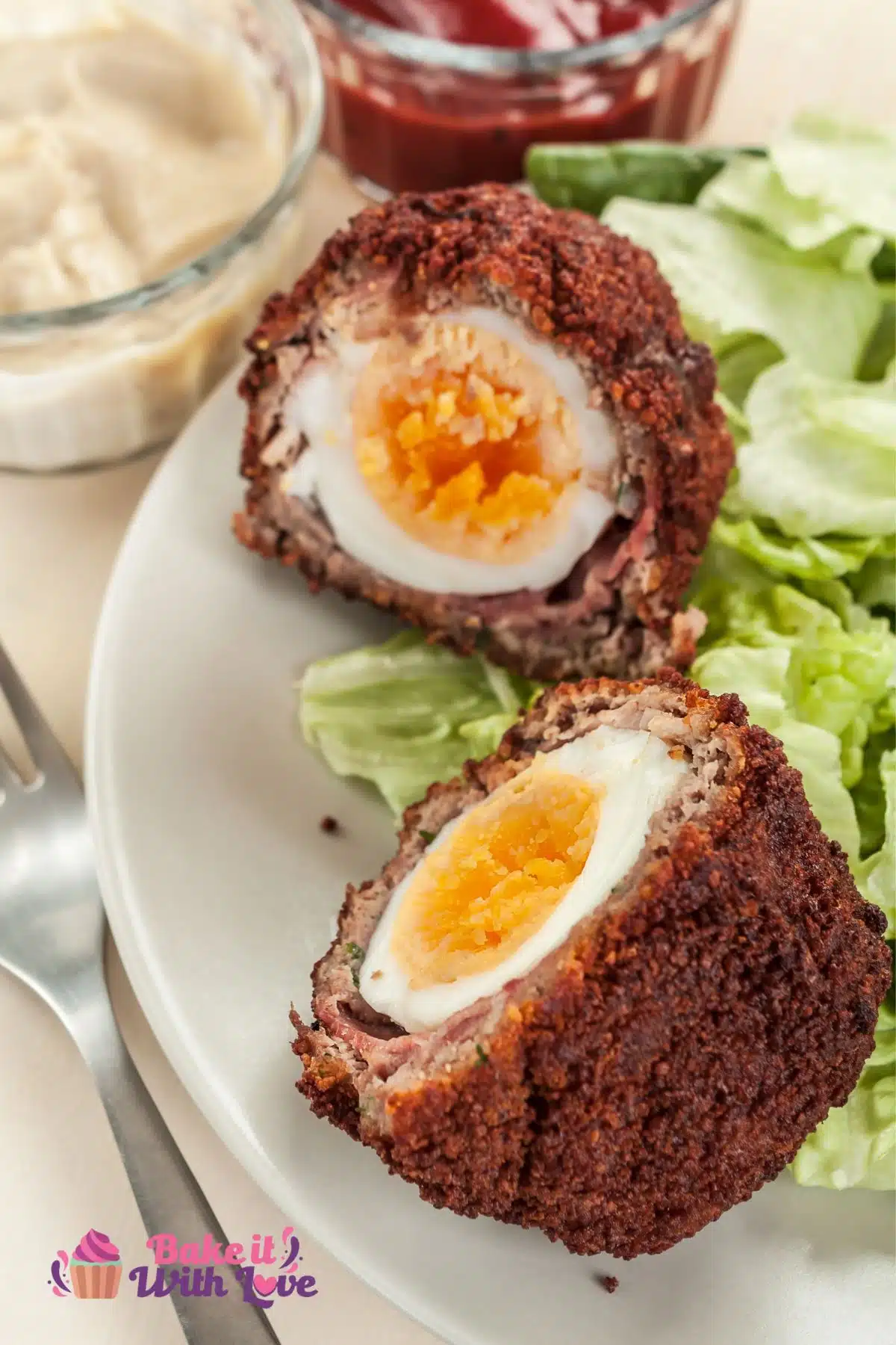 Tall image of baked scotch eggs.