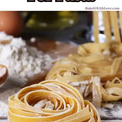 Pin image with text of homemade pasta with pasta making supplies.