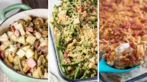 Wide split image showing different recipe ideas you can make with canned green beans.