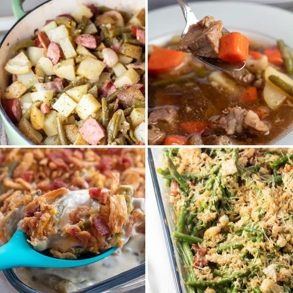 Square split image showing different recipe ideas you can make with canned green beans.