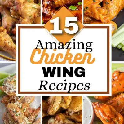 Pin split image with text overlay showing different chicken wing recipes to make at home!