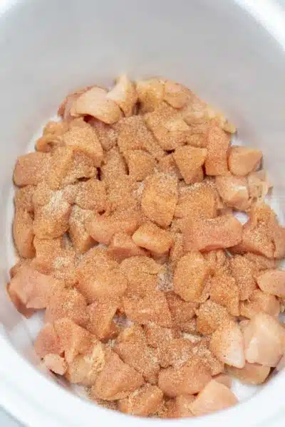 Process image 2 showing seasoned chicken in crockpot.