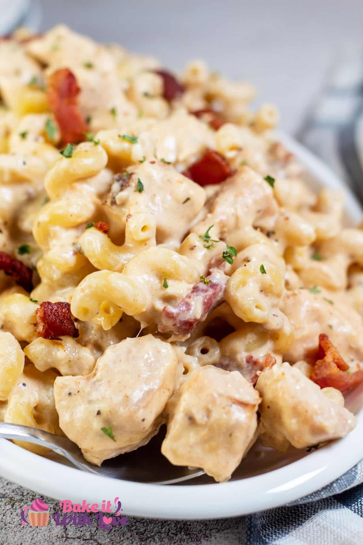 Tall image showing crockpot chicken bacon ranch.