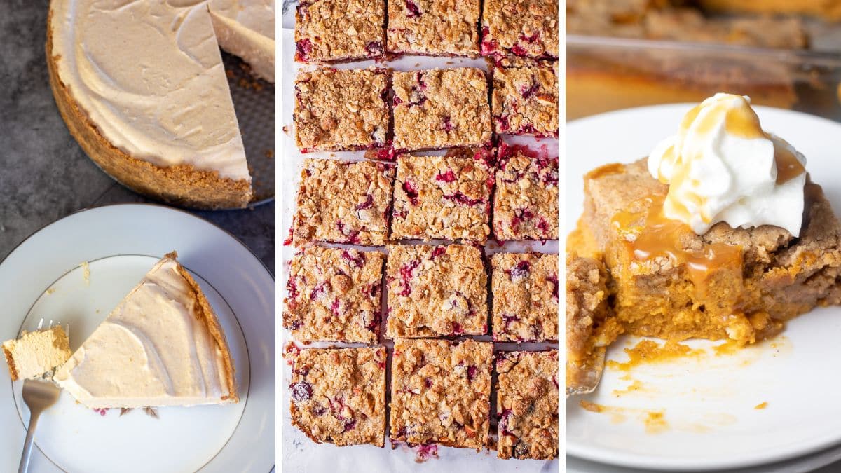 A wide three-image colalge showing creamy no-bake pumpkin pie, cranberry crumble dessert bars, and a slice of pumpkin dump cake topped with whipped cream.