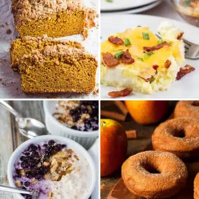 Square split image showing different fall breakfast ideas.