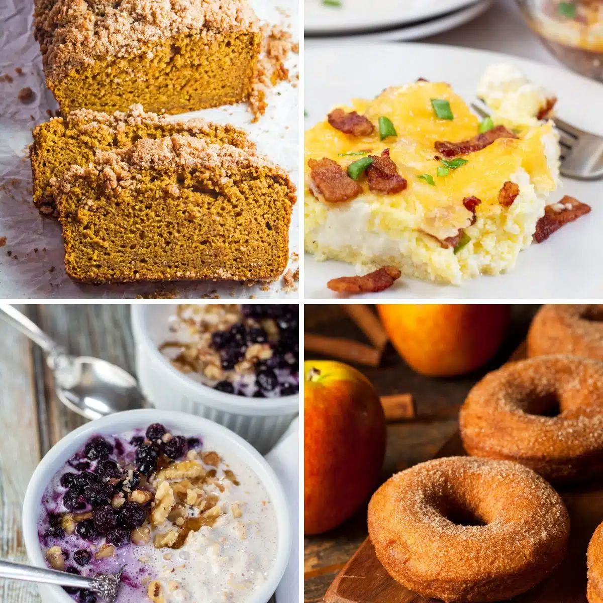 Imagem quadrada dividida mostrando diferentes ideias para o café da manhã de outono.