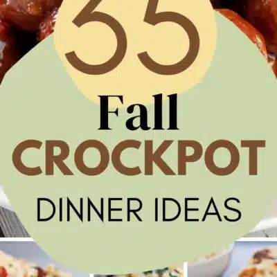 Pin split image with text showing different fall crockpot dinner ideas.