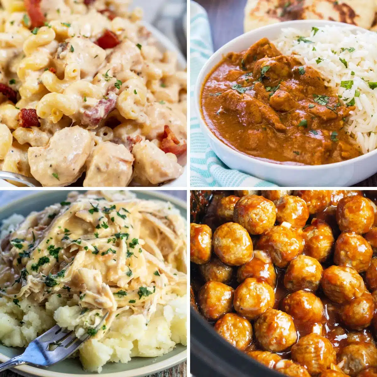 Quadratisches geteiltes Bild, das verschiedene Ideen für ein Herbst-Crockpot-Dinner zeigt.