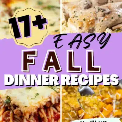 Pin split image with text showing different fall dinner recipe ideas.
