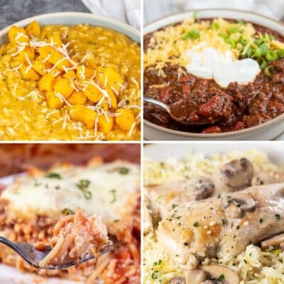 Square split image showing different fall dinner recipe ideas.