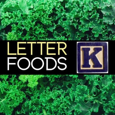 Vierkante afbeelding met voedingsmiddelen die beginnen met de letter k-tekst.