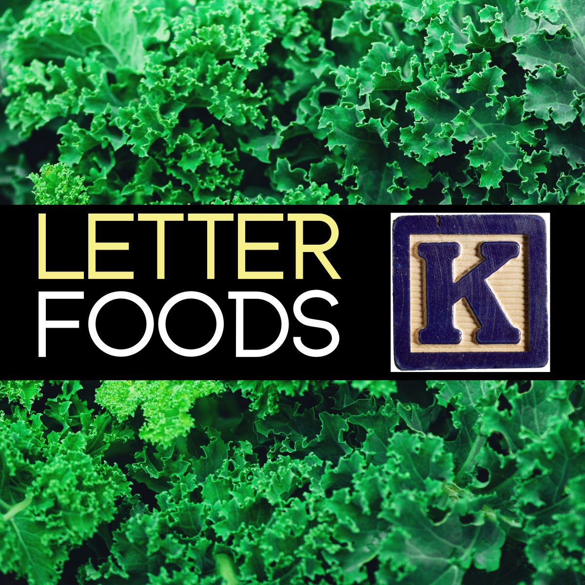 Firkantet billede med fødevarer, der starter med bogstavet k-tekst.
