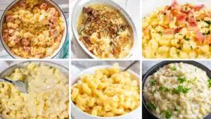 Wide split image showing different mac & cheese recipes.