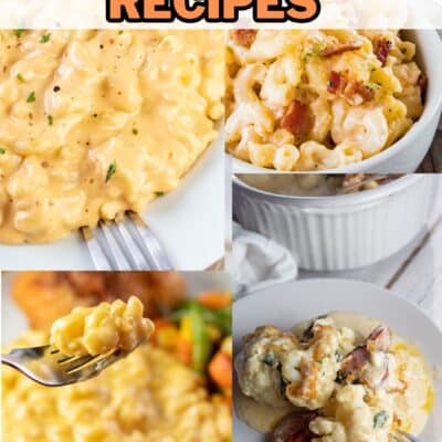 Pin split image with text showing different mac & cheese recipes.
