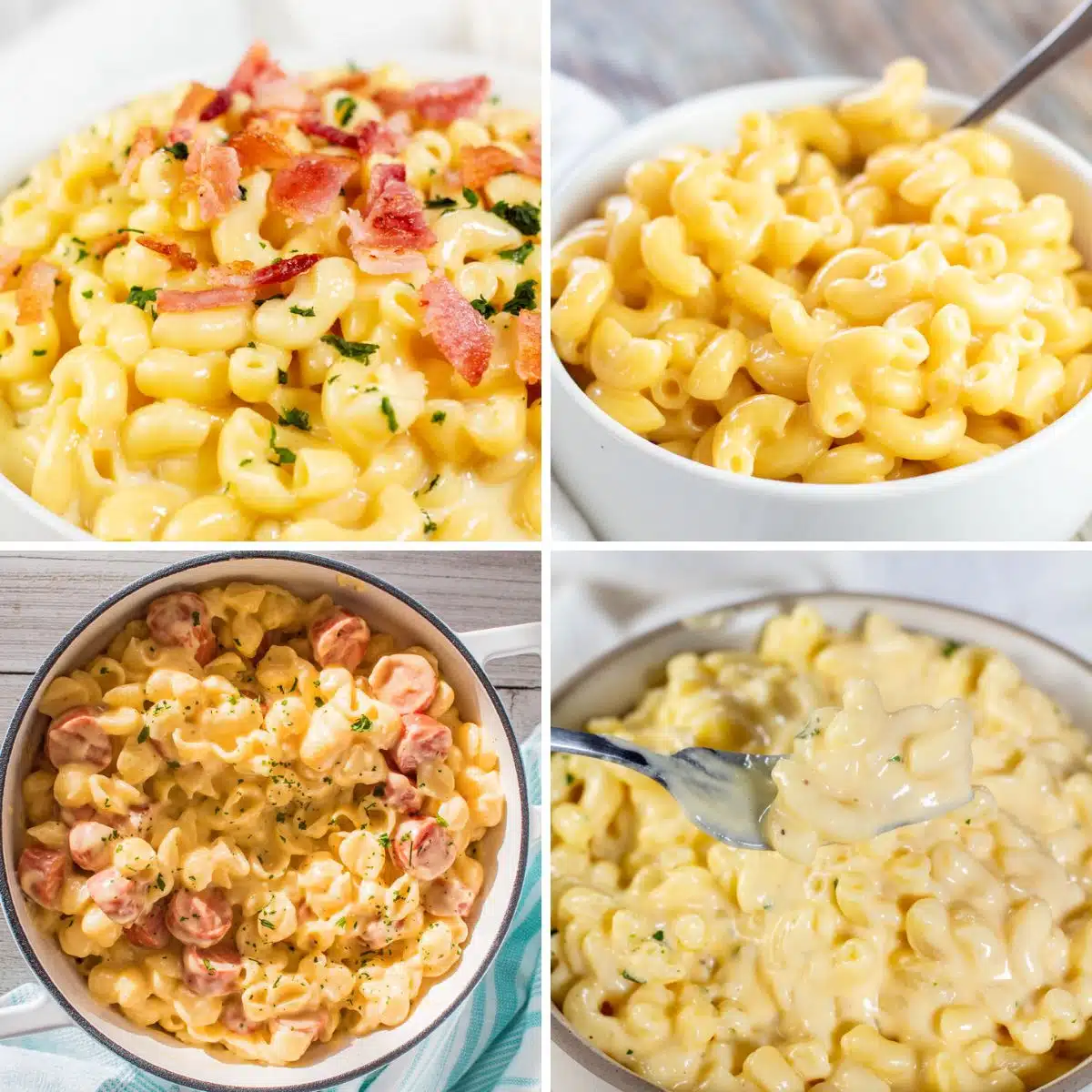 Čtvercový rozdělený obrázek zobrazující různé recepty na mac & sýr.