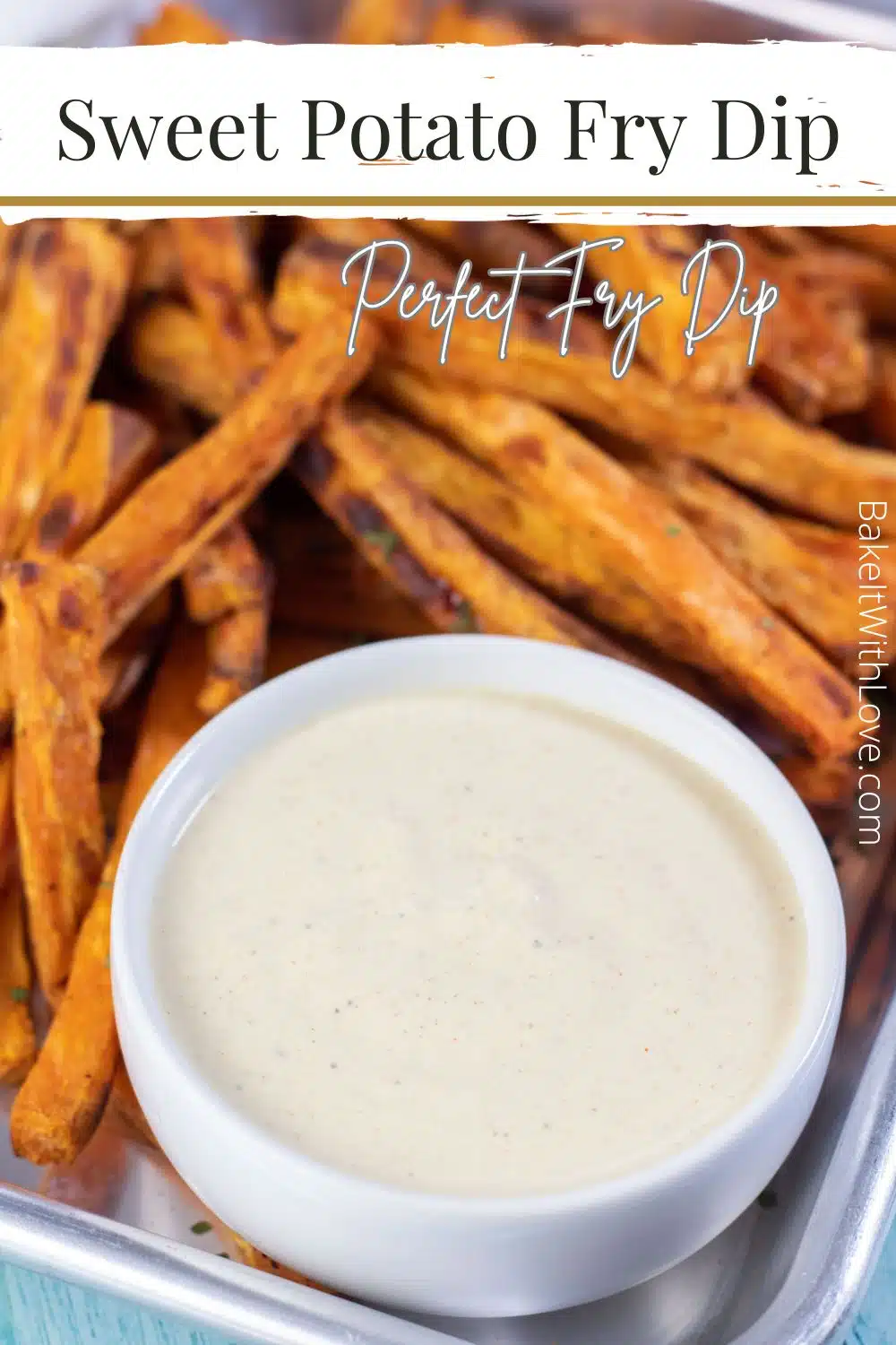 Pin image with text showing sweet potato fry dip.
