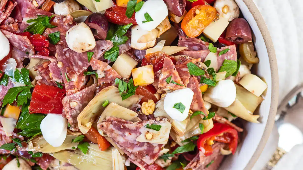 Delicious antipasto salad from a closeup overhead view before serving.