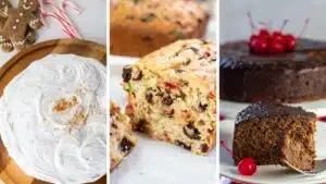 Best Christmas cake recipes featuring classic British Christmas cake with royal icing, black cake, and fruitcake in a side by side collage.