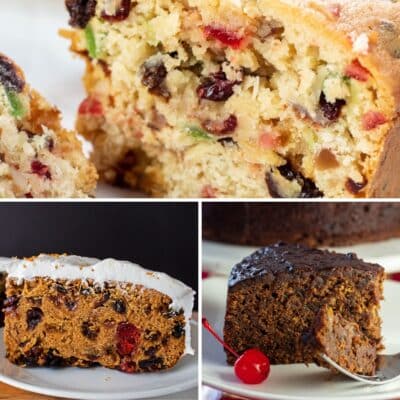 Best Christmas cake recipes to bake during the holiday season featuring three cakes in a square collage.