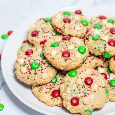 Square image of Christmas monster cookies.