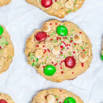 Wide image of Christmas monster cookies.