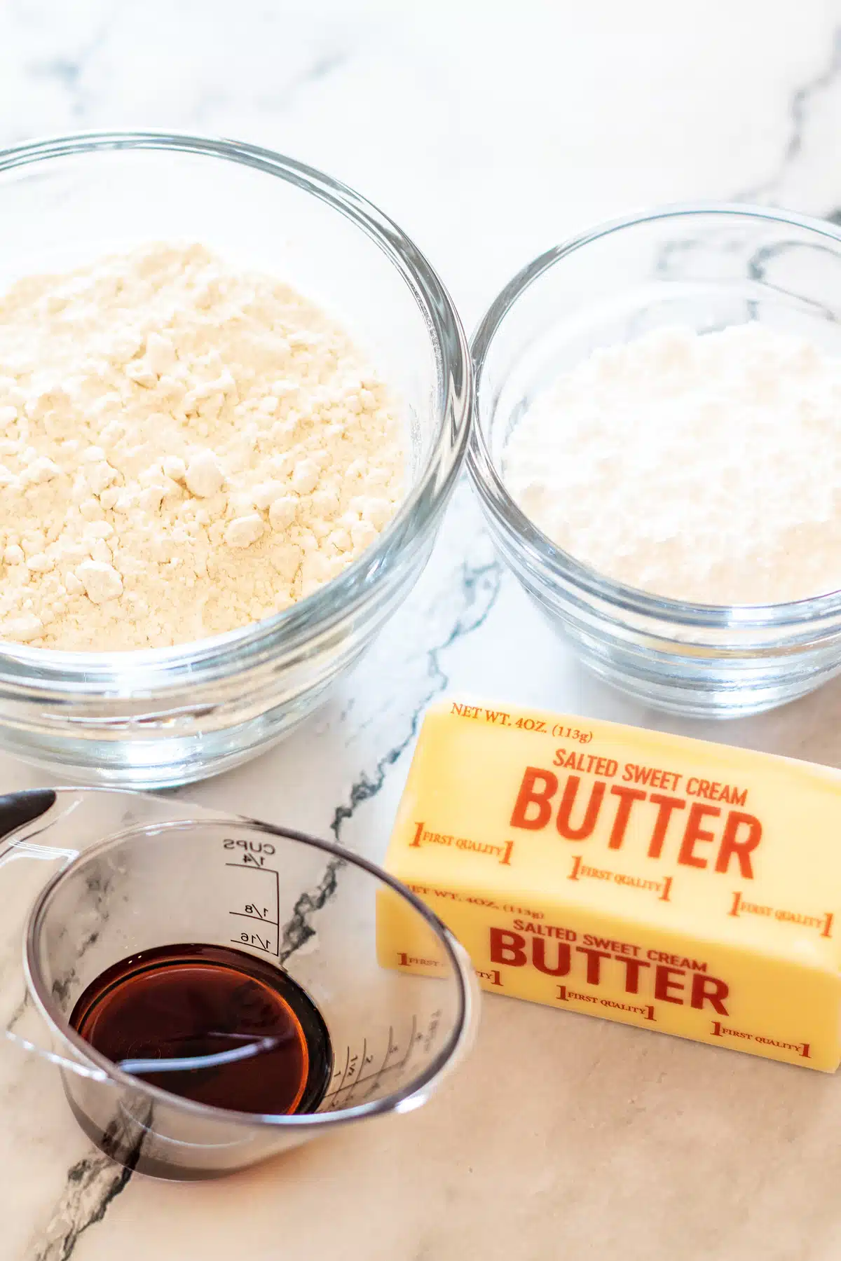 Tall image showing Danish butter cookie ingredients.