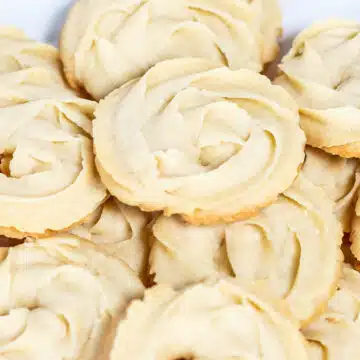 Wide image of Danish butter cookies.