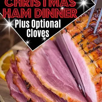 How to score a ham tutorial pin with text heading over the sliced holiday ham image.