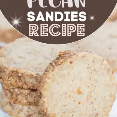 Best pecan sandies cookies recipe pin with text title header and a closeup on the baked pecan cookies.